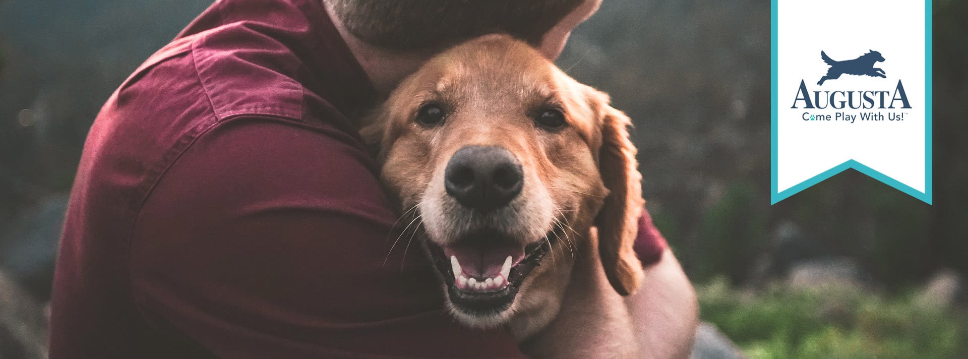 An image of a man hugging his therapy dog with banner with text "Augusta: Come Play With Us!" featured in a blog banner for August Dog Training