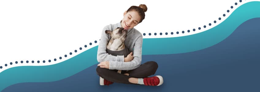A graphic of a woman hugging a french bulldog for an Augusta Dog Training website banner