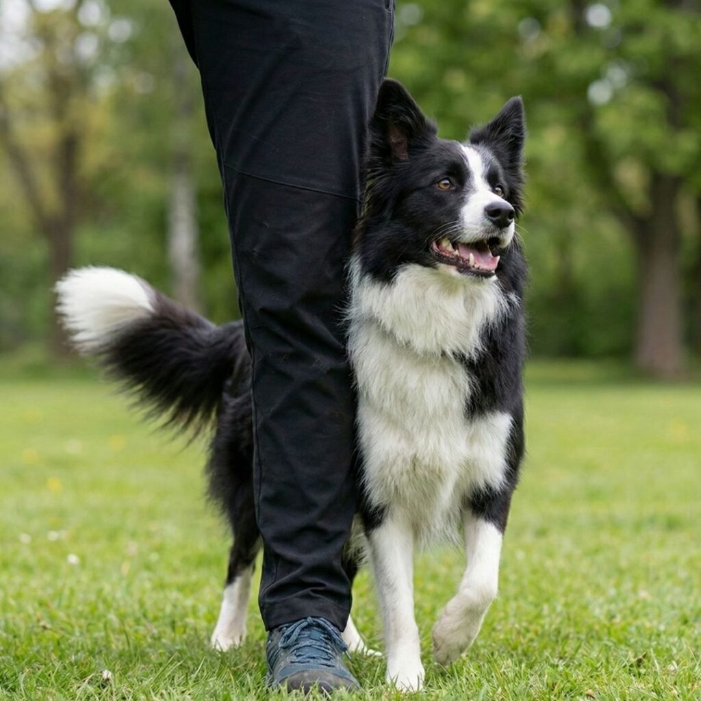 A Border Collie demonstrating precision in its training by following a heel command perfectly.