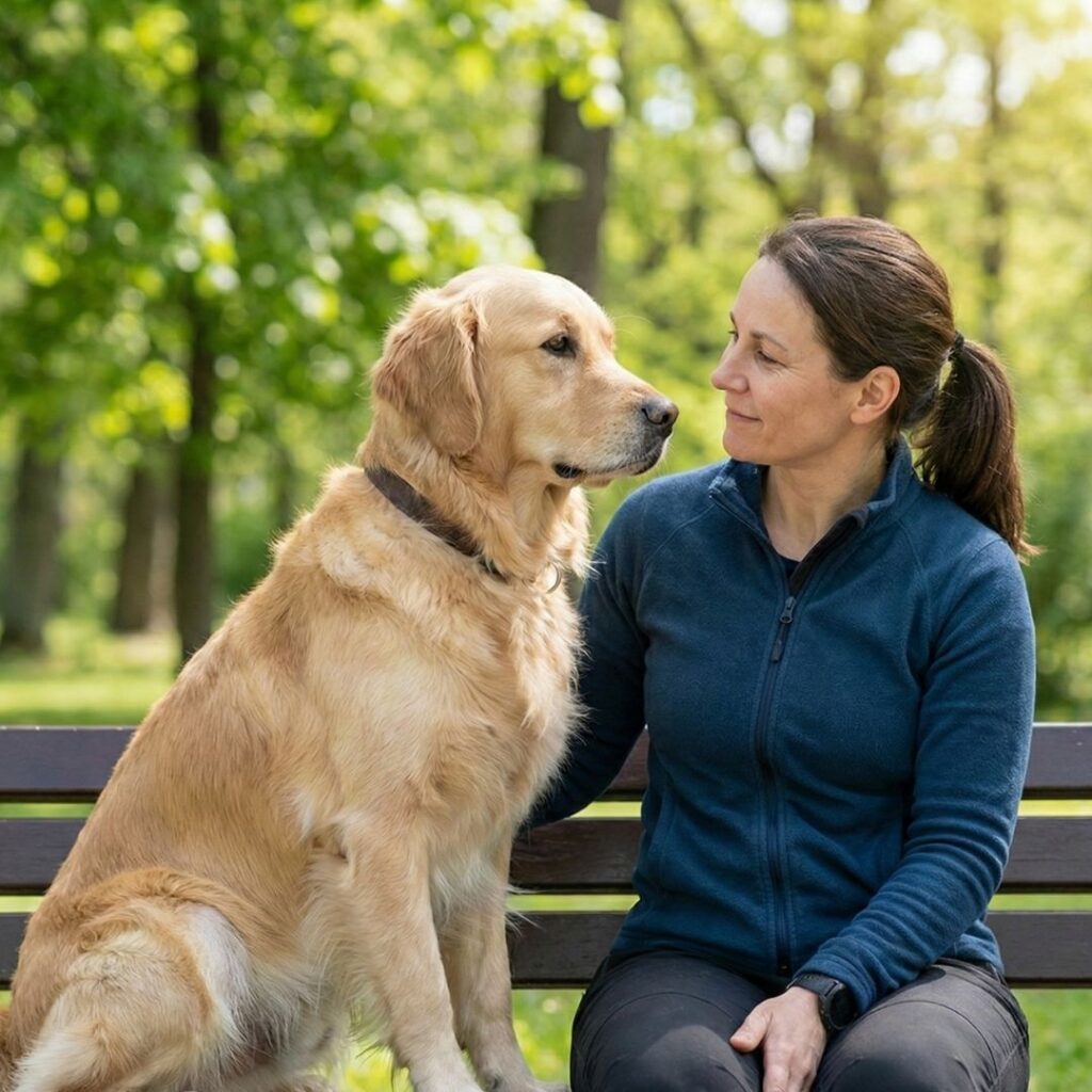 A dog and its owner sharing a moment of trust and connection thanks to professional training.