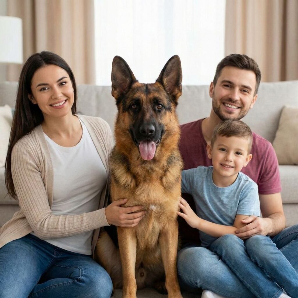 A happy family sitting with their German Shepherd, representing unified training and consistency at home.