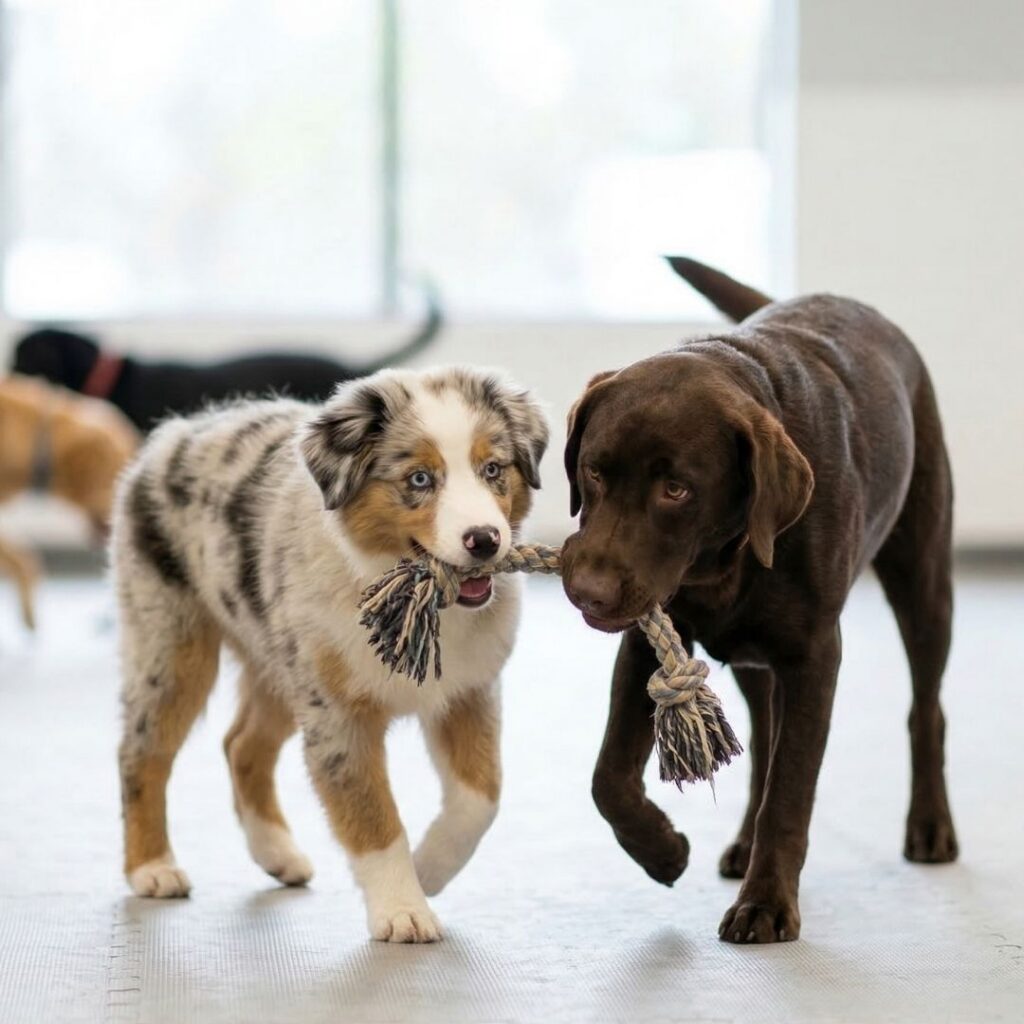 A cheerful Australian Shepherd puppy and a chocolate Labrador play gently together sharing a rope toy on generalized, soft, light gray padded flooring that keeps the daycare facility ambiguous.