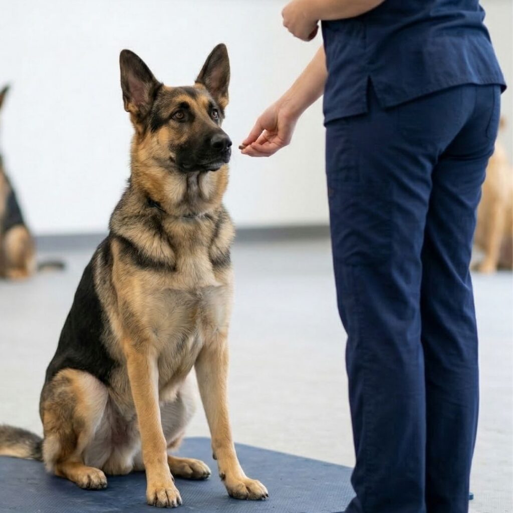 An alert German Shepherd dog sits attentively on a simple dark blue rubber training mat, making precise eye contact with a trainer offering a treat.