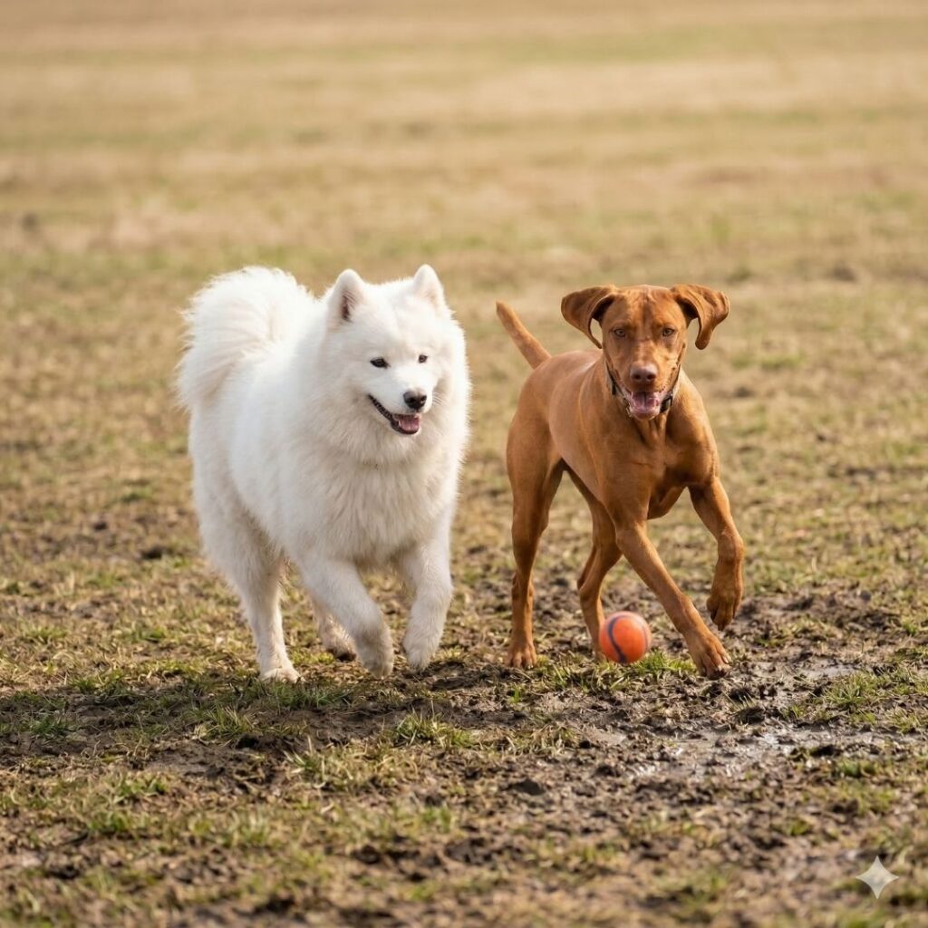 A fluffy white Samoyed and an energetic Vizsla run happily through a generalized muddy section of an outdoor field in early spring, chasing a generic orange ball.