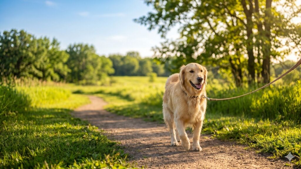A well-trained golden retriever walking calmly on a loose leash along a sunny nature trail in Minnesota.