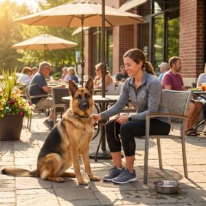 A calm dog practicing social obedience skills on a busy outdoor community patio.