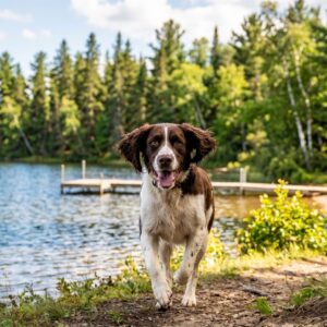 A happy dog executing a perfect off-leash recall response near a sunny Minnesota lake.