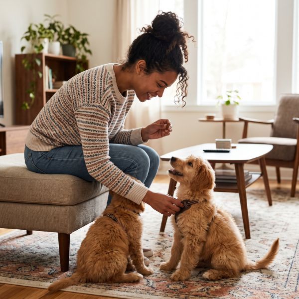 woman traiing puppies at home