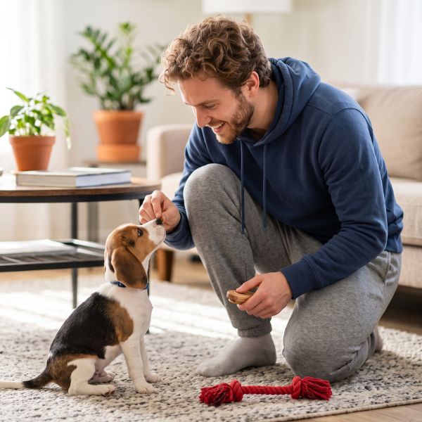 man training puppy at home