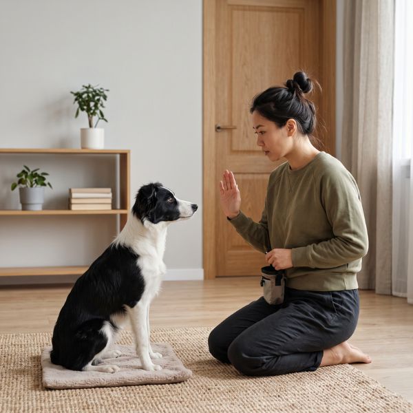 woman training puppy at home