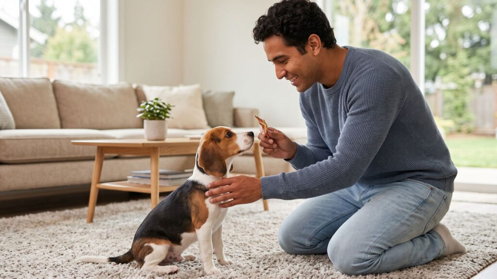 man training puppy at home
