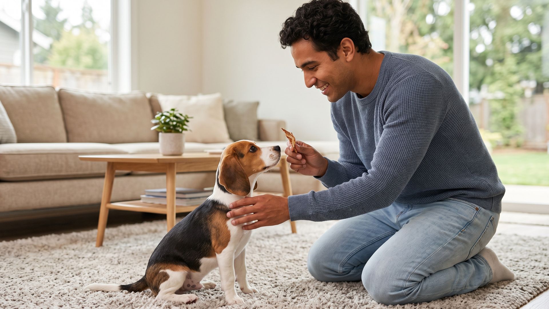 man training puppy at home