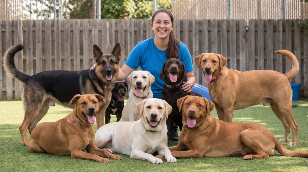 A group of diverse, happy dogs are supervised by a cheerful handler in a sunlit outdoor doggy daycare facility.