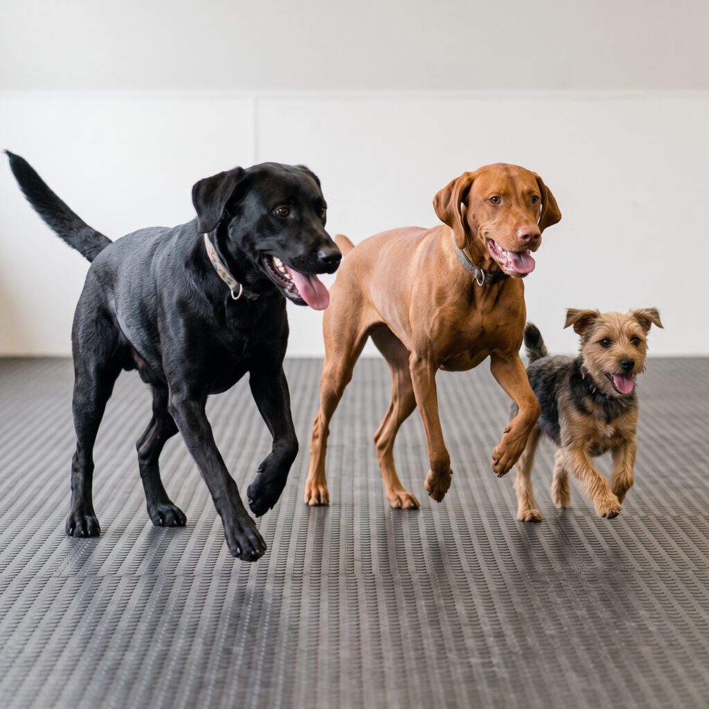 Three active dogs sprint joyfully across a clean, textured indoor floor, channeling their energy into healthy play.