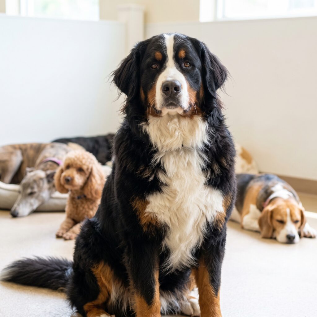 A calm Bernese Mountain Dog sits serenely among other diverse, relaxed dogs in a sunlit daycare center.